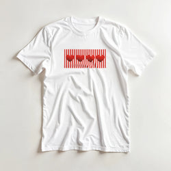 White women's T-shirt with a red stripe heart graphic, cute romantic tee.