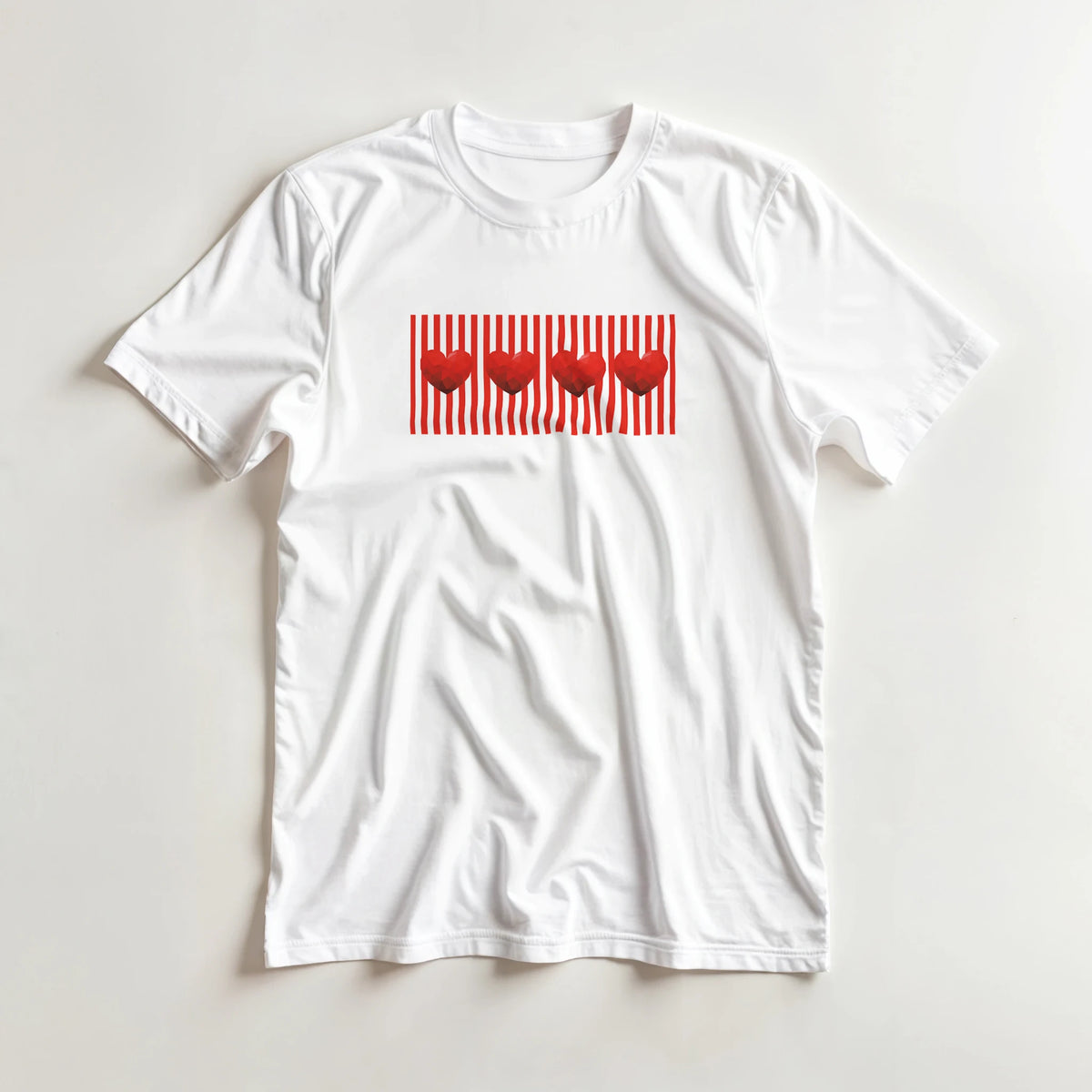 White women's T-shirt with a red stripe heart graphic, cute romantic tee.