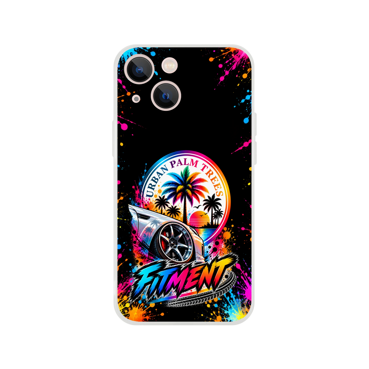 Fitment Stance iPhone case featuring lowered car, Urban Palm Trees sunset graphic, and colorful paint splatters on black background.