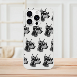 Slim protective iPhone case with gangster dog pattern in grayscale, sunglasses, and chain.