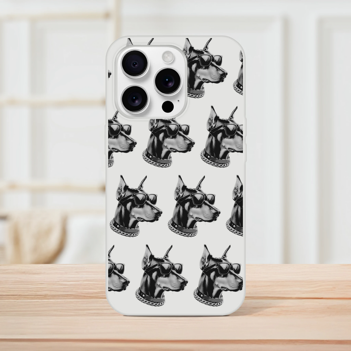 Slim protective iPhone case with gangster dog pattern in grayscale, sunglasses, and chain.
