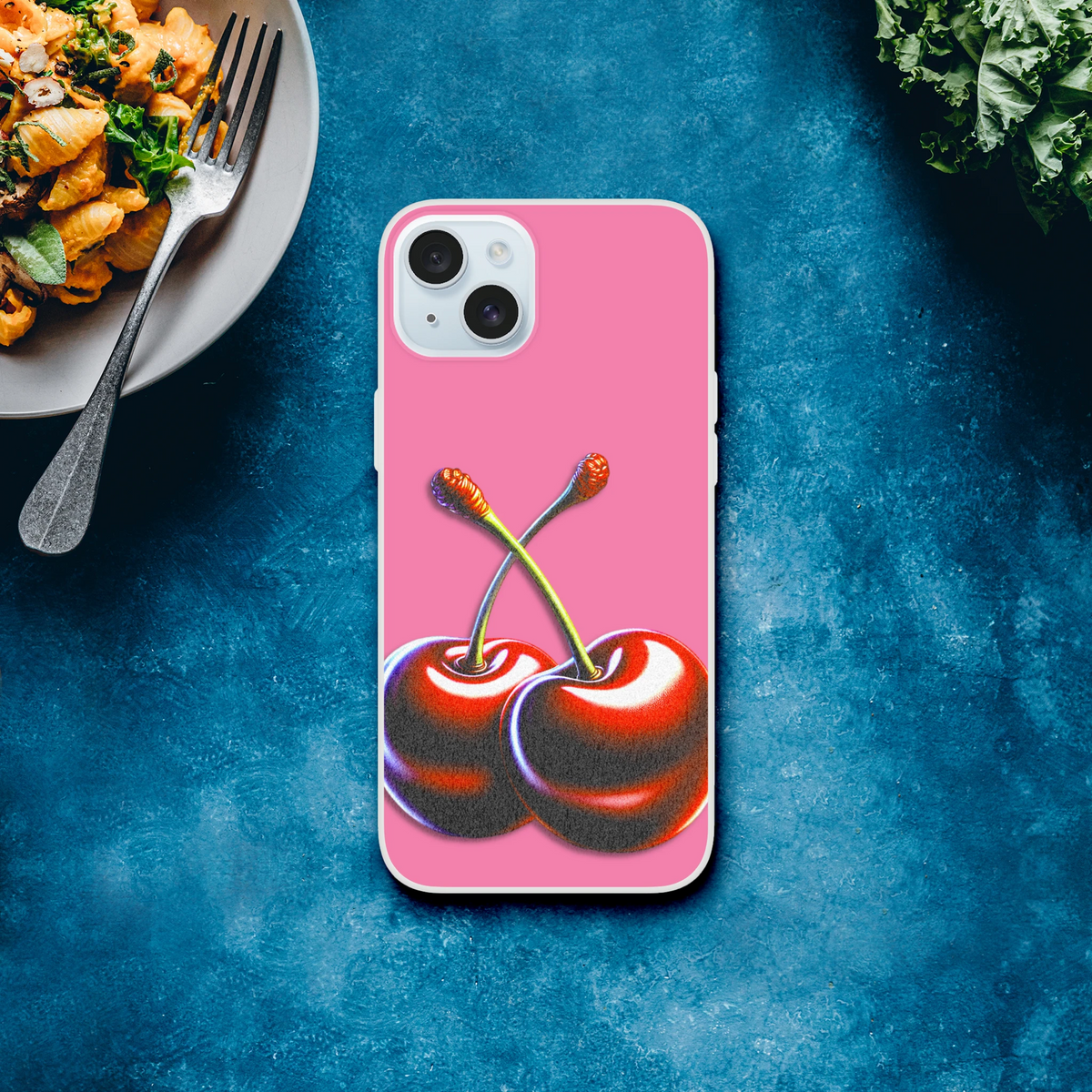 Retro Cherries iPhone Case (13-16): pink with cherry art, Y2K aesthetic, slim matte TPU protection.
