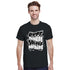 Smiling man wearing black graphic T-shirt with large white text our thinking solve nothing