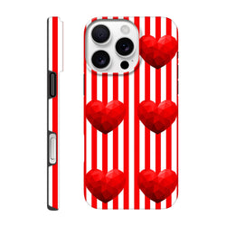 Red and white vertical striped iPhone case featuring retro low-poly heart graphics and tough protective design.