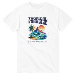 Tropical Paradise women's graphic T-shirt on white, featuring palm, mountains, waves and sunset.