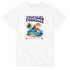 Tropical Paradise women's graphic T-shirt on white, featuring palm, mountains, waves and sunset.