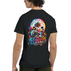 Black t-shirt back featuring colorful turbo graphic with palm trees and sunset. Modified car culture design for petrolheads.