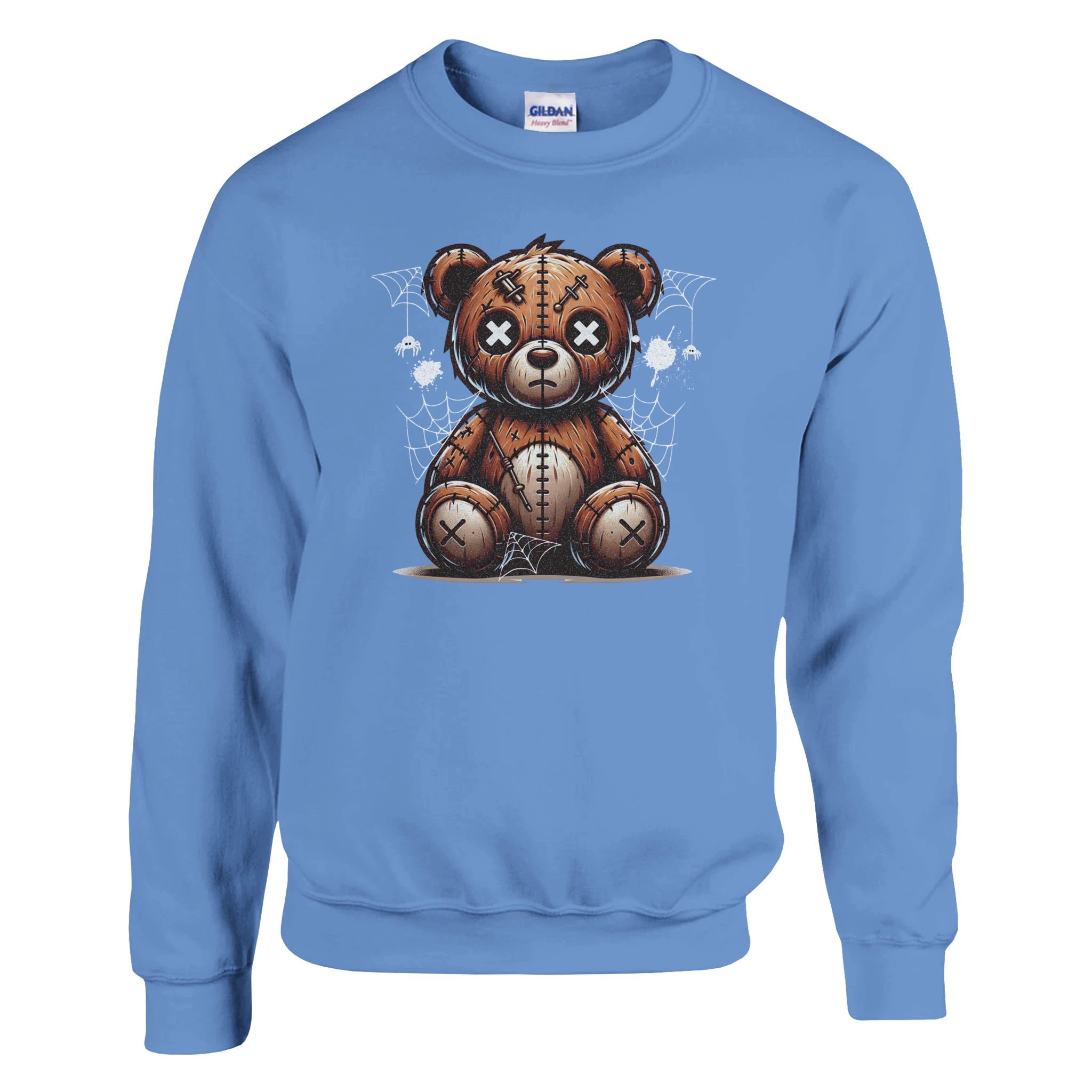 Blue Stressed Teddy Bear men's graphic sweatshirt with stitched teddy bear and spider-web background.