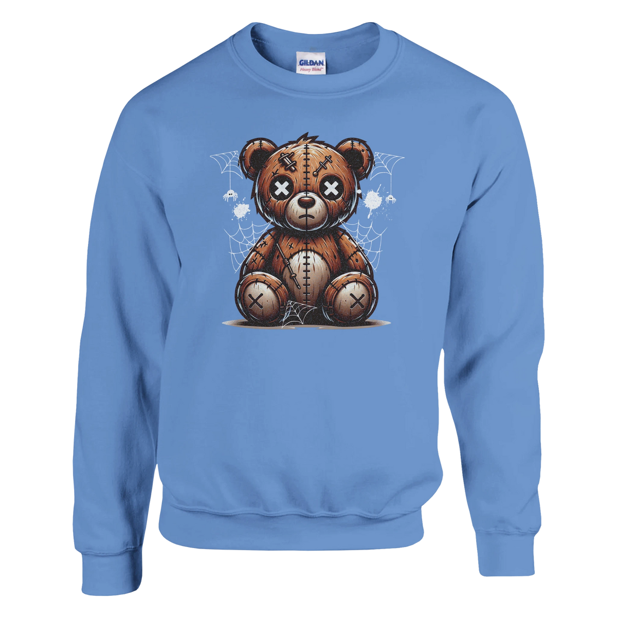 Blue Stressed Teddy Bear men's graphic sweatshirt with stitched teddy bear and spider-web background.