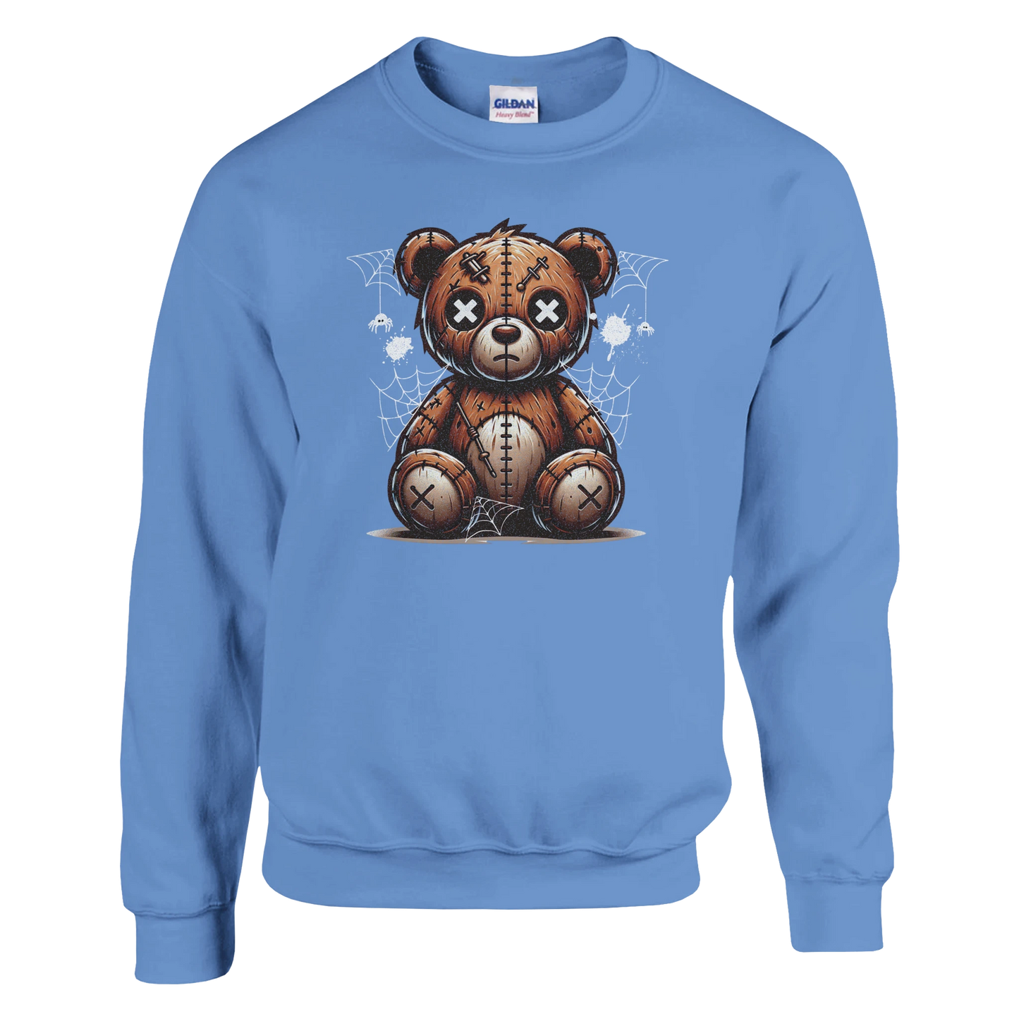 Blue men's graphic sweatshirt with a teddy bear graphic on a white background