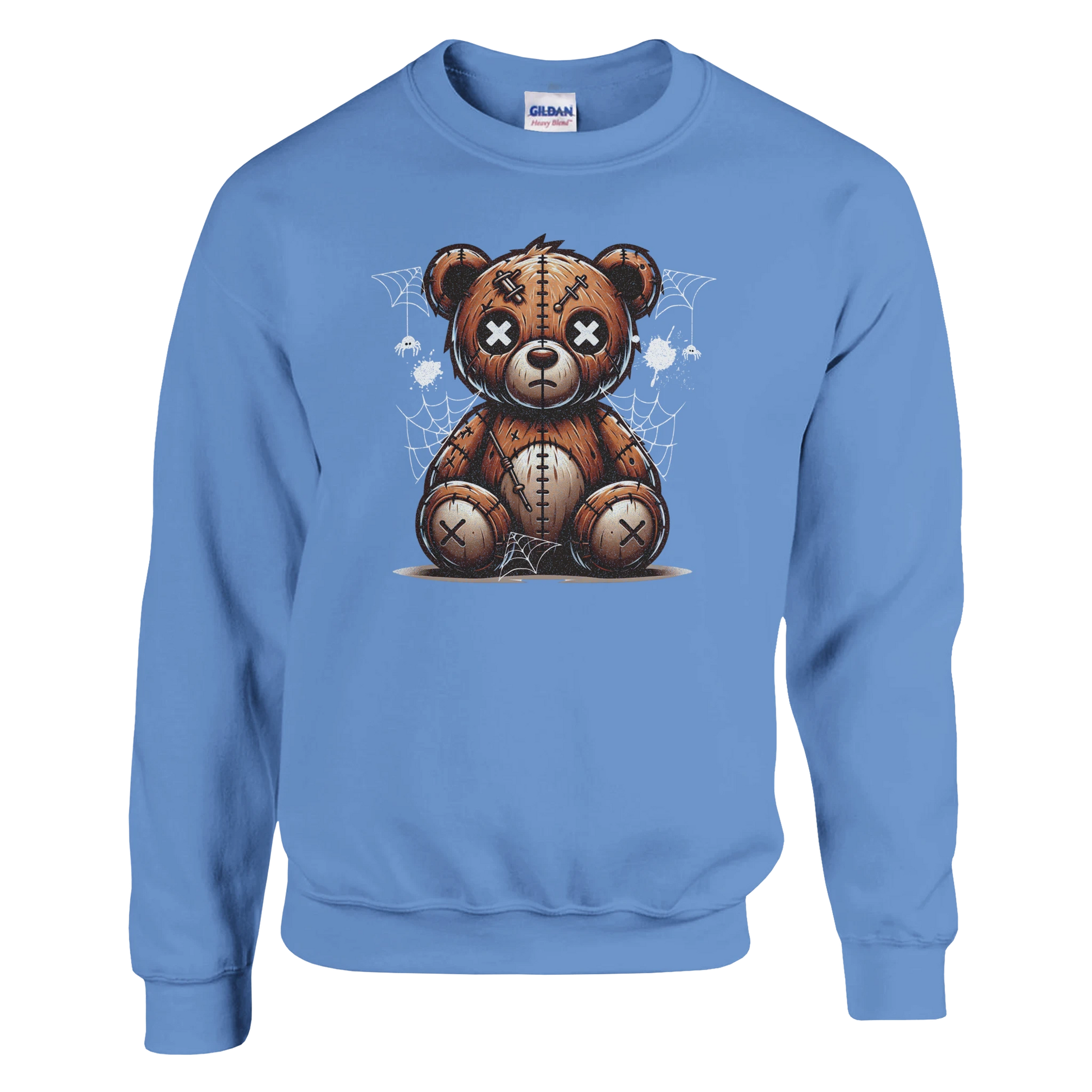 Blue men's graphic sweatshirt with a teddy bear graphic on a white background