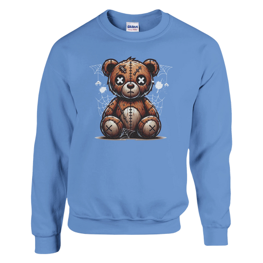 Blue men's graphic sweatshirt with a teddy bear graphic on a white background