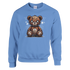 Blue Stressed Teddy Bear men's graphic sweatshirt with stitched teddy bear and spider-web background.