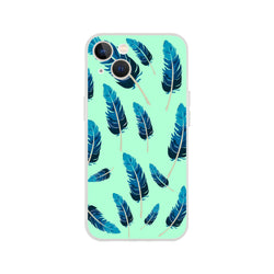 Mint green iPhone case with blue feather pattern, matte finish, slim lightweight shell for iPhone 13-16.
