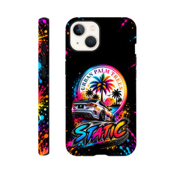 StaticiPhone case featuring a slammed silver car, colorful Urban Palm Trees sunset graphic, and splatter art design.