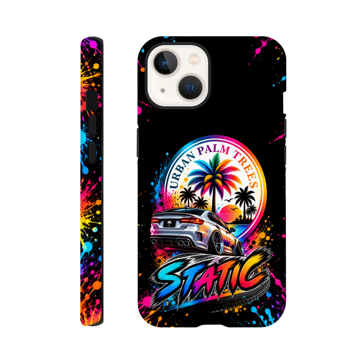 StaticiPhone case featuring a slammed silver car, colorful Urban Palm Trees sunset graphic, and splatter art design.