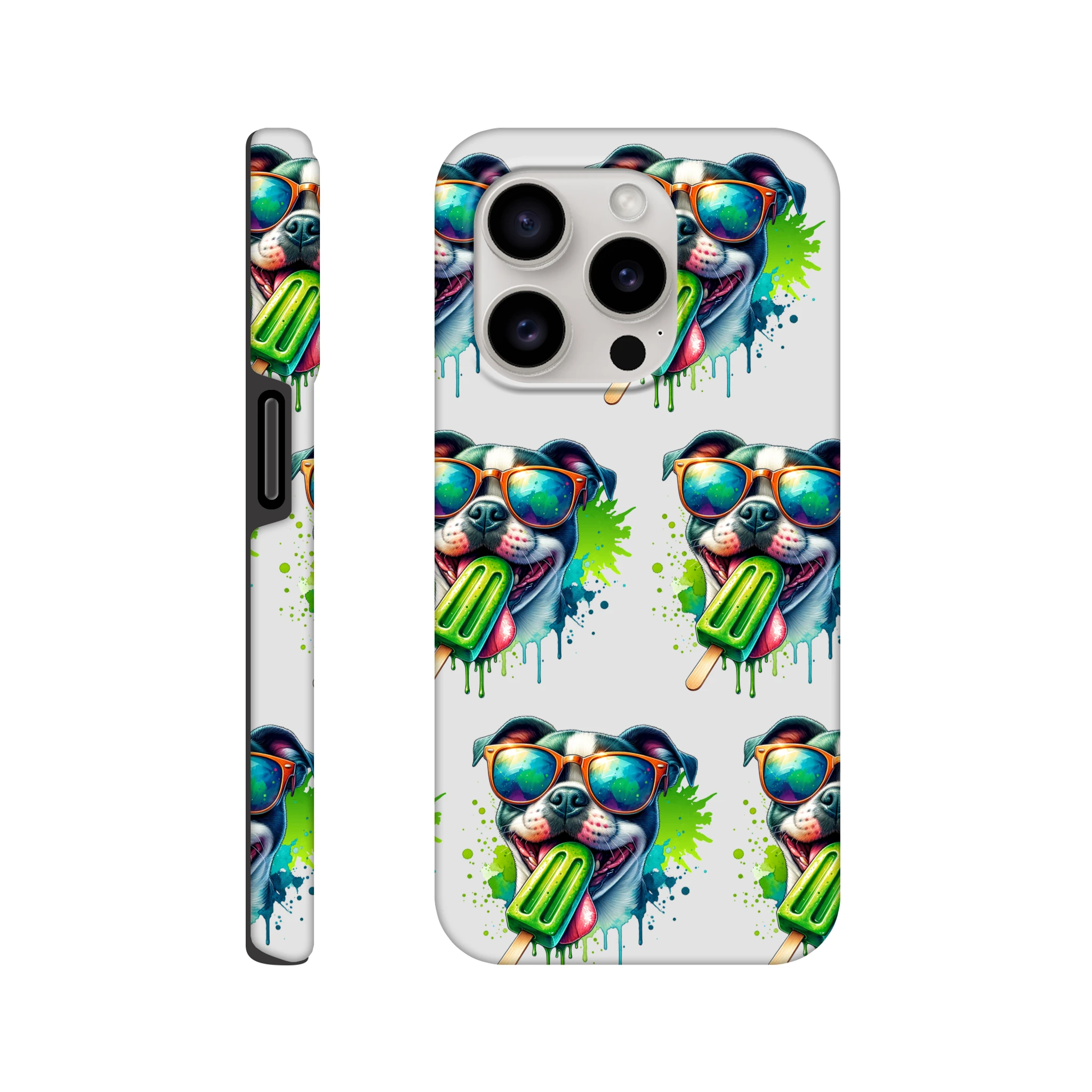Chill Dog phone case with multiple colorful dogs wearing sunglasses, holding popsicles, and a wraparound print.
