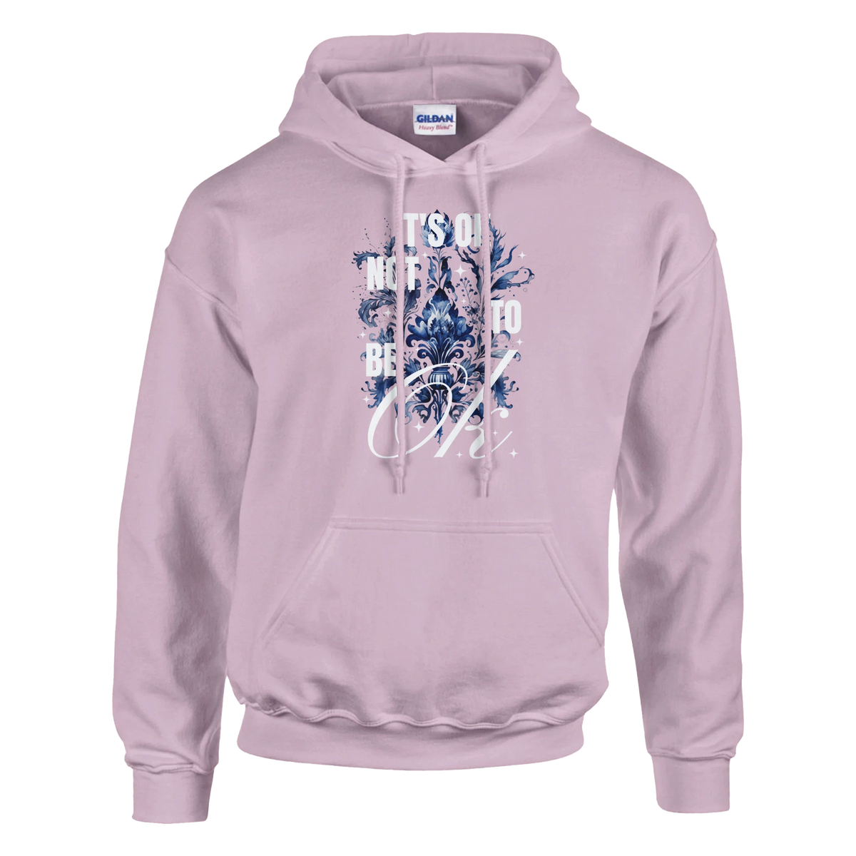 Lavender women's graphic hoodie with blue ornamental print and It's OK Not To Be OK slogan on front.