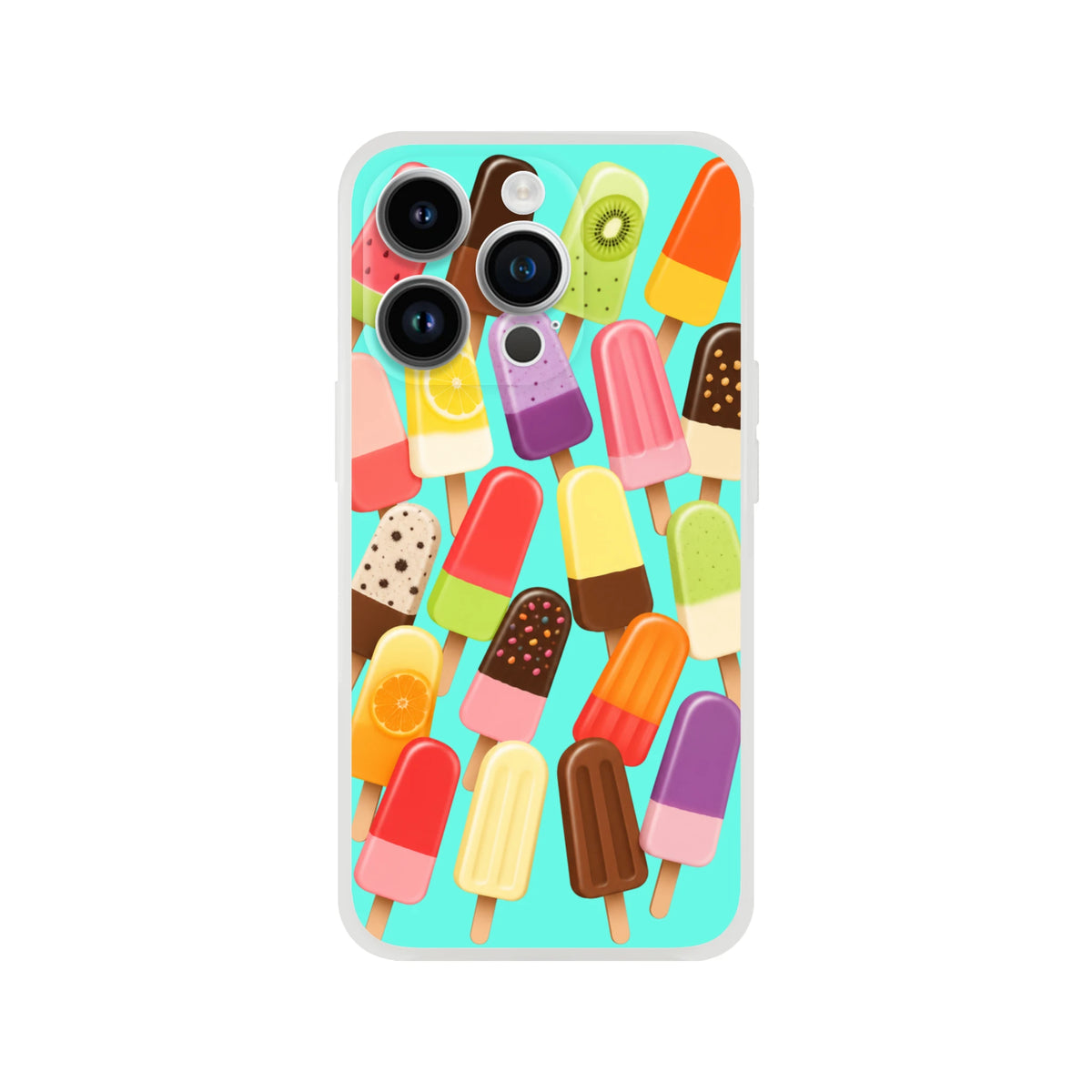 Colorful retro popsicle iPhone case featuring assorted ice lollies on a turquoise background for summer style.