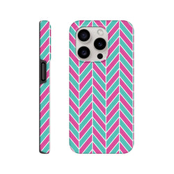 Pink and turquoise herringbone iPhone case with geometric chevron pattern. Tough dual-layer TPU cover with shock-absorbing core for impact protection.