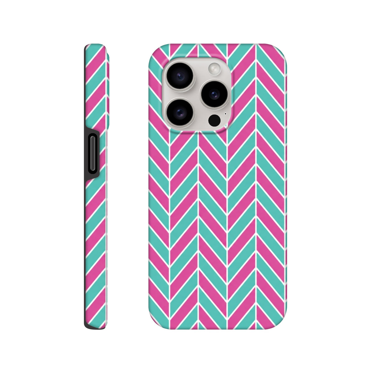 Pink and turquoise herringbone iPhone case with geometric chevron pattern. Tough dual-layer TPU cover with shock-absorbing core for impact protection.