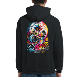 Black hoodie back featuring a vibrant "On Boost" turbo graphic with retro palm trees, sunset, and tire track details.