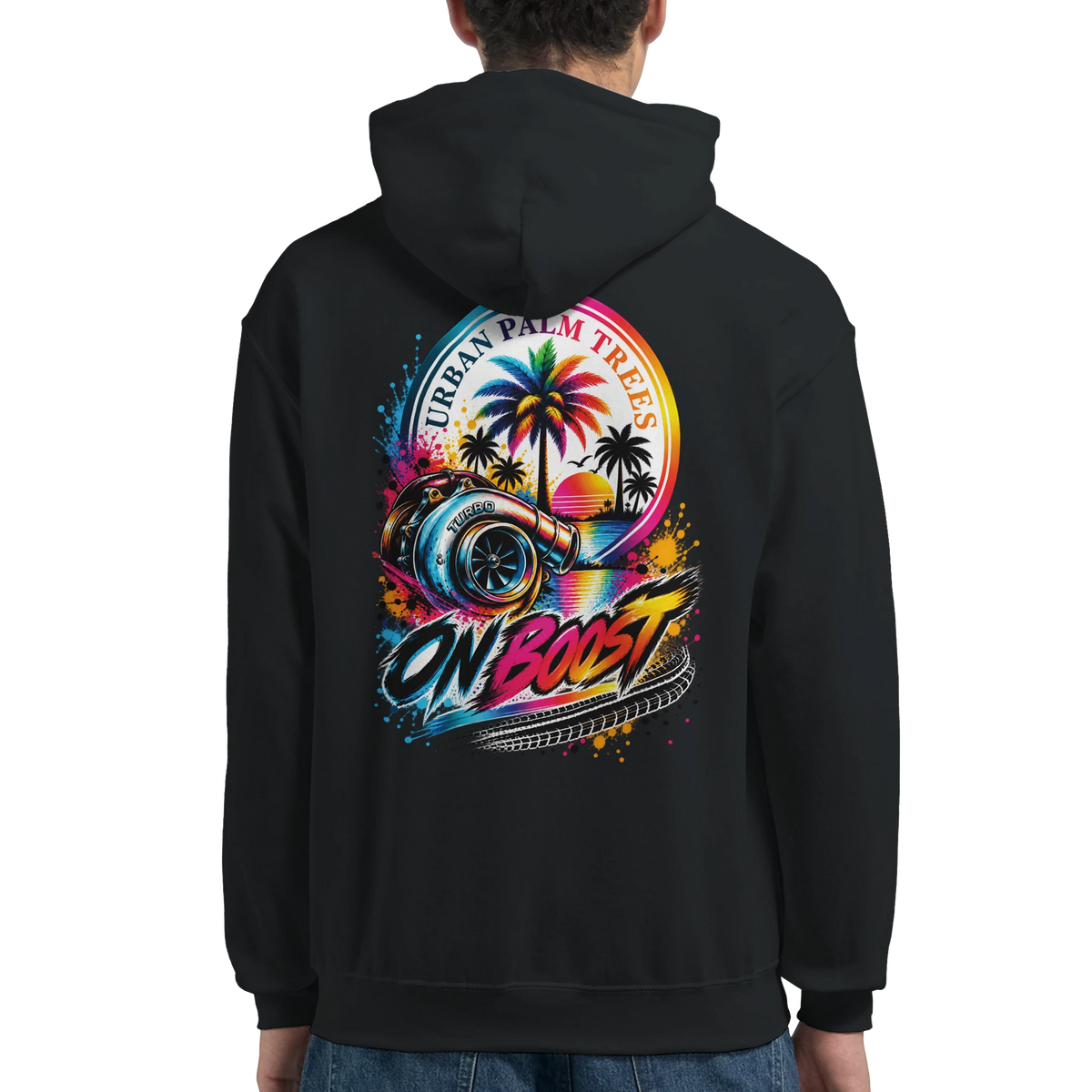 Black hoodie back featuring a vibrant "On Boost" turbo graphic with retro palm trees, sunset, and tire track details.