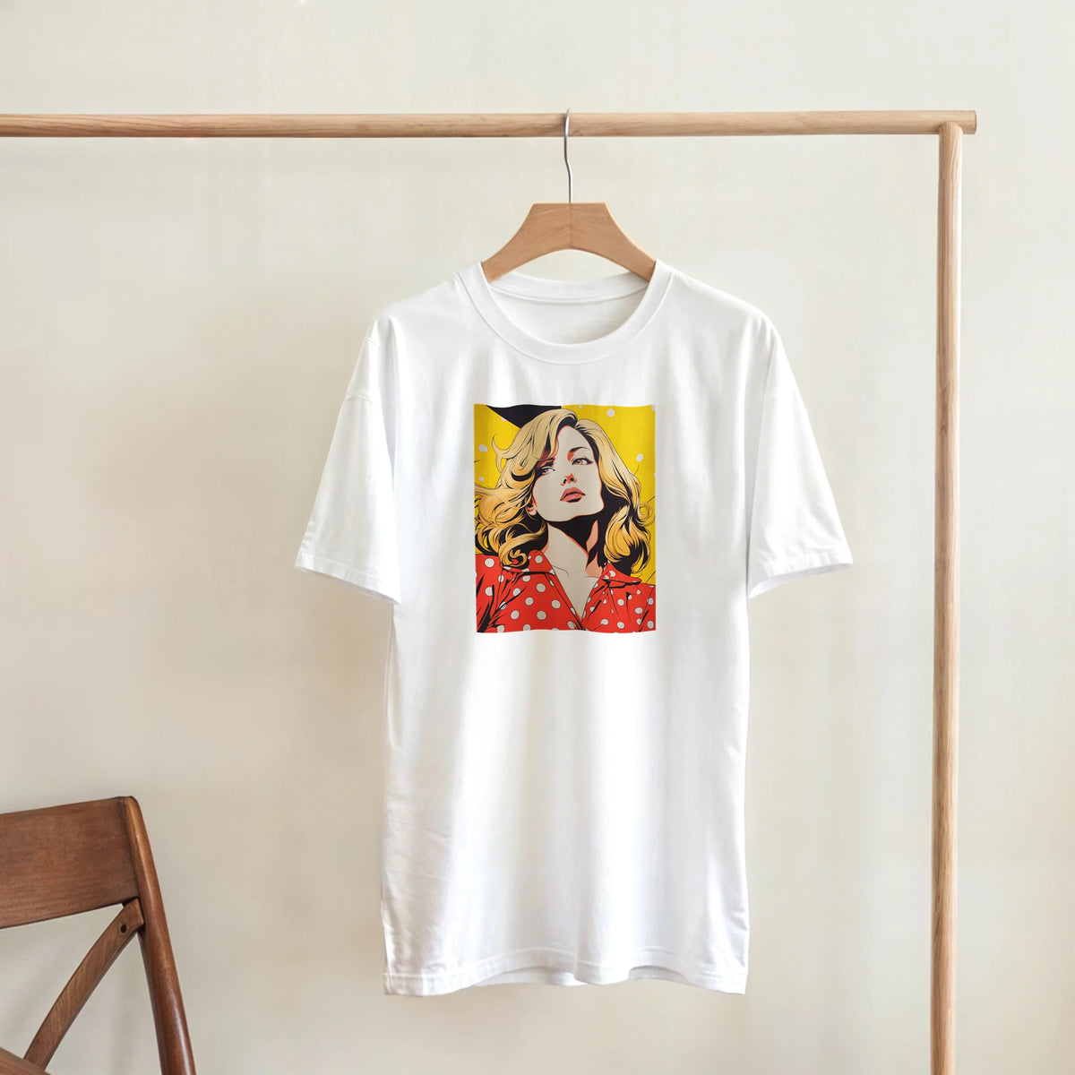 White Retro Pop Art T-Shirt featuring vintage comic style blonde woman graphic for vintage streetwear.