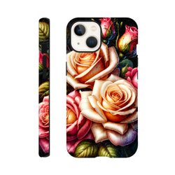 Tough romantic floral phone case featuring vibrant peach and pink roses with reinforced corners for impact protection.