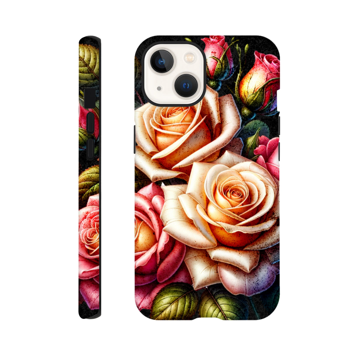 Tough romantic floral phone case featuring vibrant peach and pink roses with reinforced corners for impact protection.