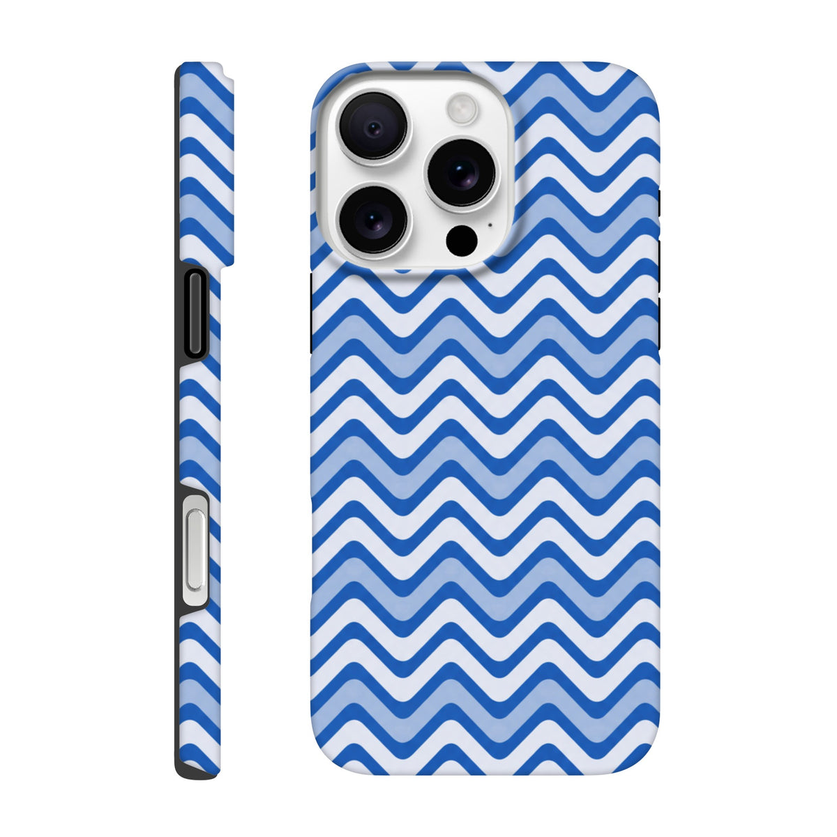Blue & white retro chevron iPhone case featuring a zigzag pattern with edge-to-edge wraparound print for shock absorption.
