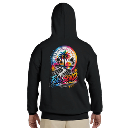 Black hoodie back featuring vibrant "Full Send" graphic with tire tracks, palm trees, and "Urban Palm Trees" sunset design for petrolheads.