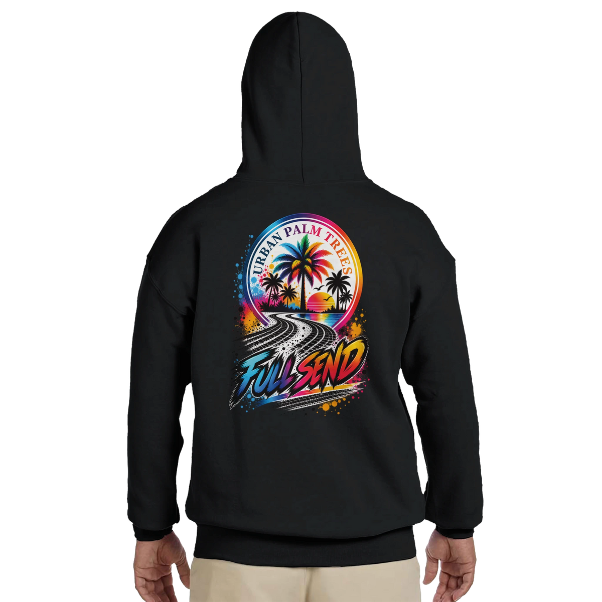 Black hoodie back featuring vibrant "Full Send" graphic with tire tracks, palm trees, and "Urban Palm Trees" sunset design for petrolheads.
