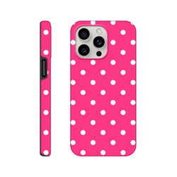 Hot pink and white polka dot tough iPhone case with dual-layer rugged protection and shock-absorbing TPU design.