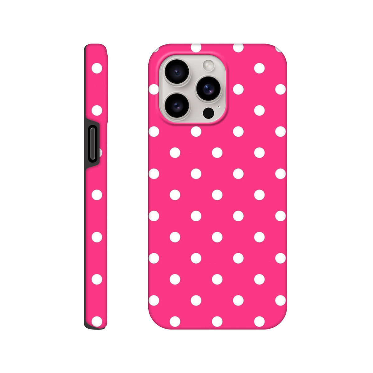 Hot pink and white polka dot tough iPhone case with dual-layer rugged protection and shock-absorbing TPU design.