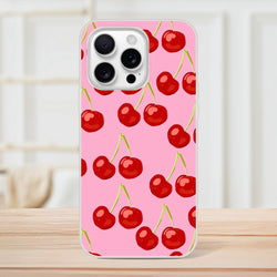 Pink cherry-pattern iPhone case for iPhone 13–16, slim matte shell with cherry print.