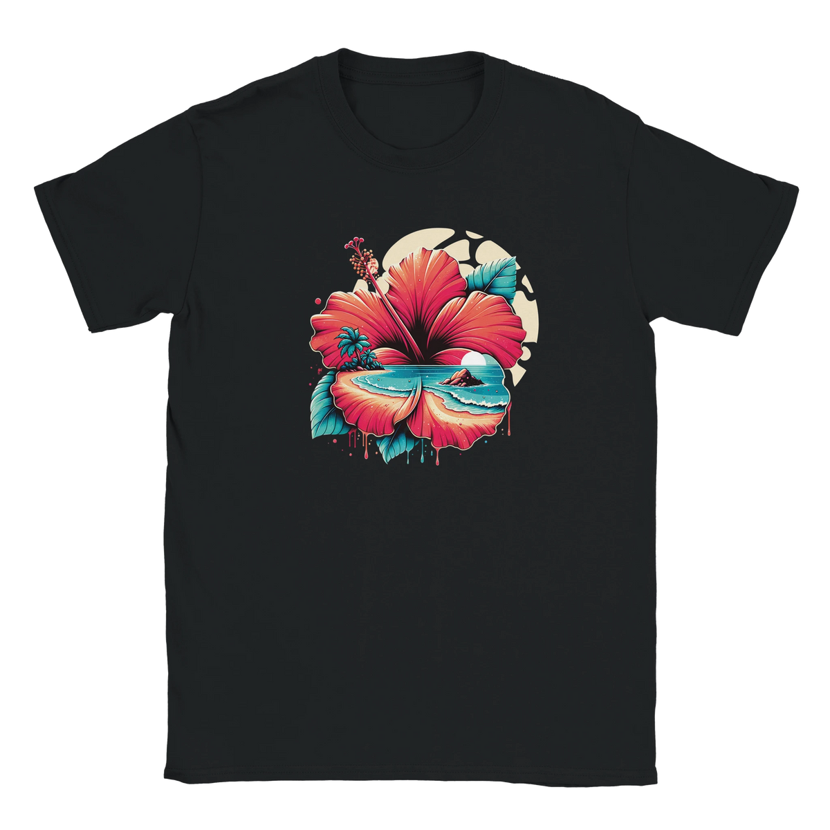 Black women's T-shirt with vibrant retro hibiscus graphic.