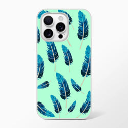 Blue Feather iPhone Case for iPhone 13–16, mint green with blue feather pattern, matte finish, slim lightweight shell.