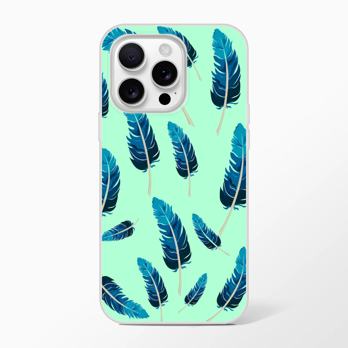Blue Feather iPhone Case for iPhone 13–16, mint green with blue feather pattern, matte finish, slim lightweight shell.