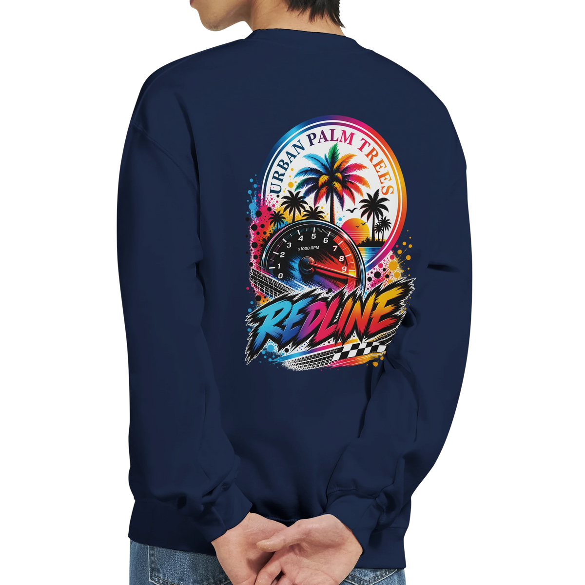 Navy Redline Car Sweatshirt back graphic featuring a colorful tachometer, Urban Palm Trees sunset art, and checkered flag design for petrolheads.