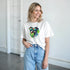 White women's graphic tee with a colorful dog wearing sunglasses and a popsicle, relaxed-fit casual tee.