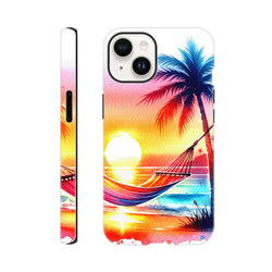 Tropical Sunset Tough iPhone Case with palm trees for iPhone 13-16, vibrant sunset gradient beach scene.