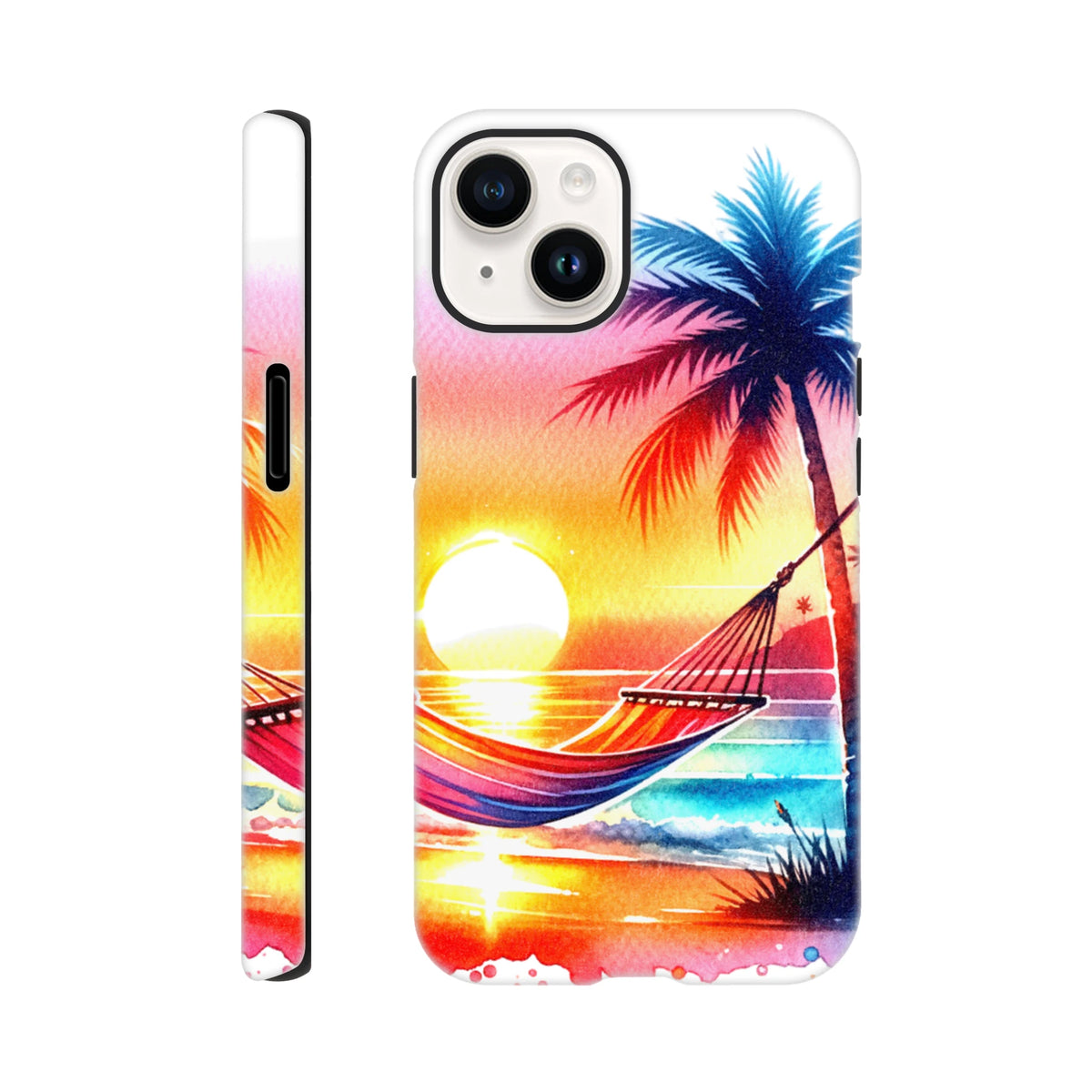 Tropical Sunset Tough iPhone Case with palm trees for iPhone 13-16, vibrant sunset gradient beach scene.