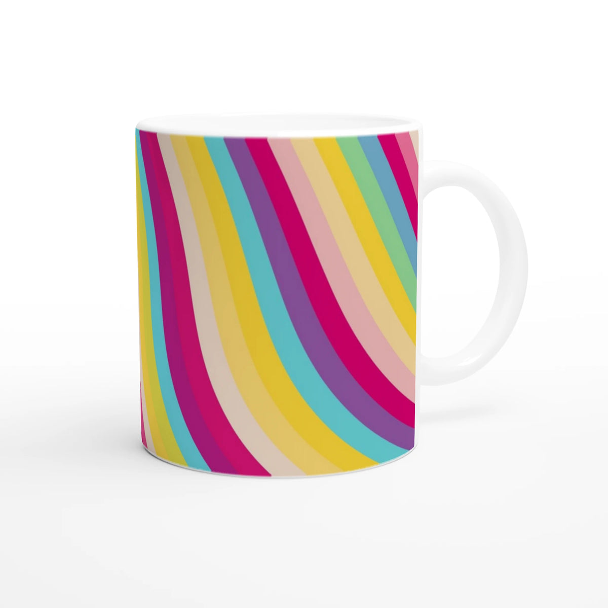 Retro rainbow striped ceramic mug with white interior and handle.