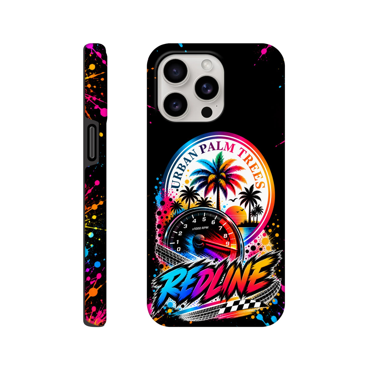 Redline tough iPhone case with Urban Palm Trees speedometer art, colorful paint splatters, and checkered flag modified car culture design.