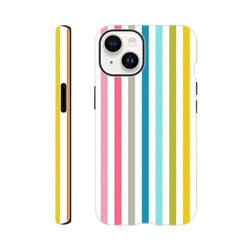 Retro rainbow vertical stripe tough iPhone case in pink, blue, yellow, and grey for streetwear style.