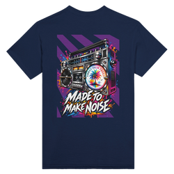 Navy men's t-shirt back with retro boombox graphic, palm tree logo, and "Made To Make Noise" streetwear art.