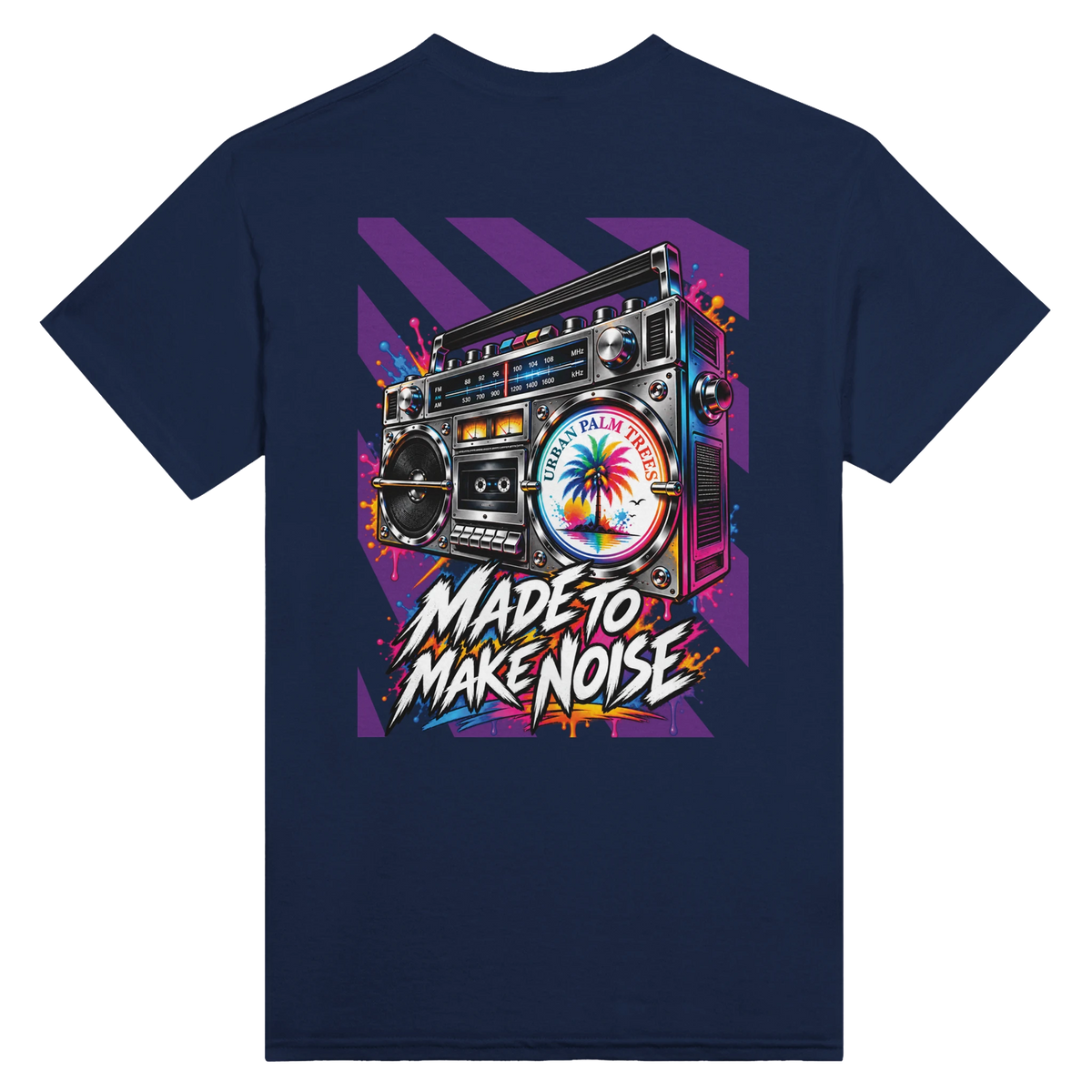 Navy men's t-shirt back with retro boombox graphic, palm tree logo, and "Made To Make Noise" streetwear art.