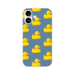 Blue aesthetic rubber duck iPhone case (13-16) featuring a yellow duck pattern and matte finish.