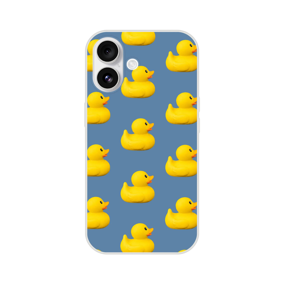 Blue aesthetic rubber duck iPhone case (13-16) featuring a yellow duck pattern and matte finish.